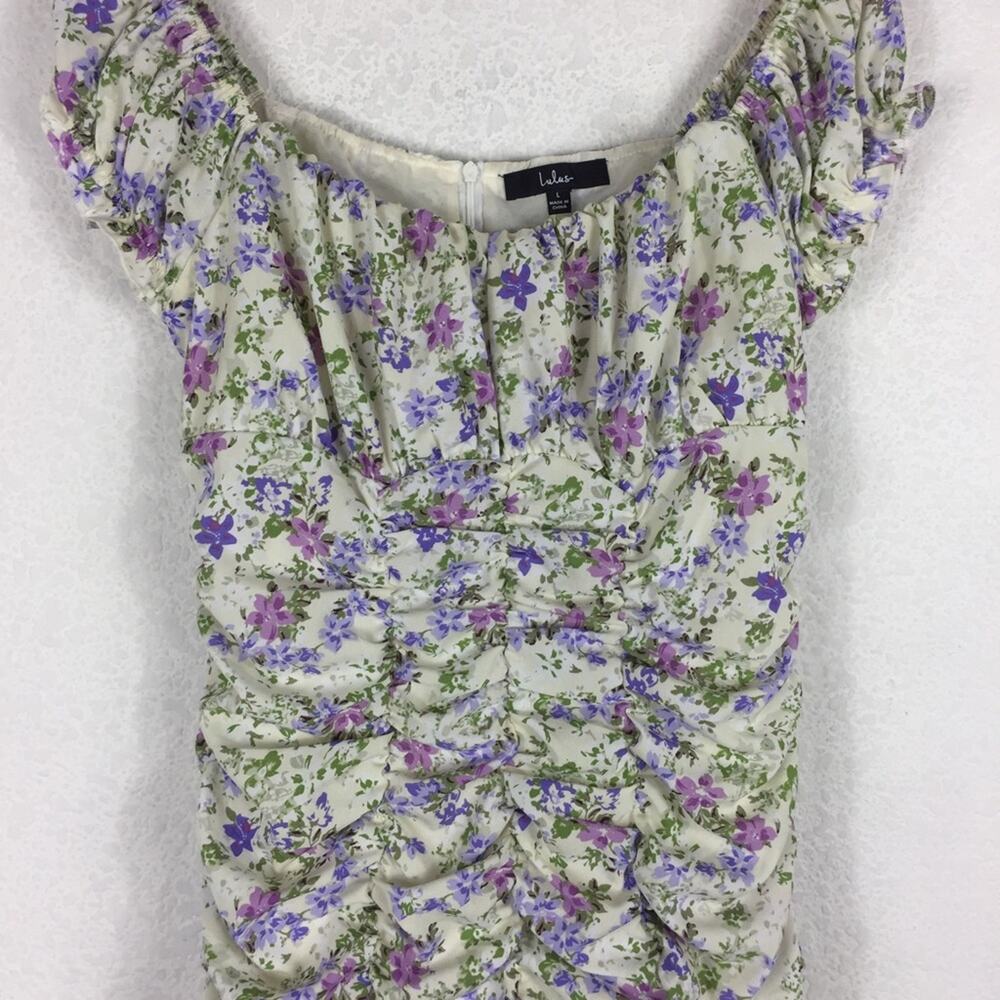 Lulus Love Bloom Cream Floral Print Ruched Off-the-Shoulder Mini Dress Large - Picture 9 of 15